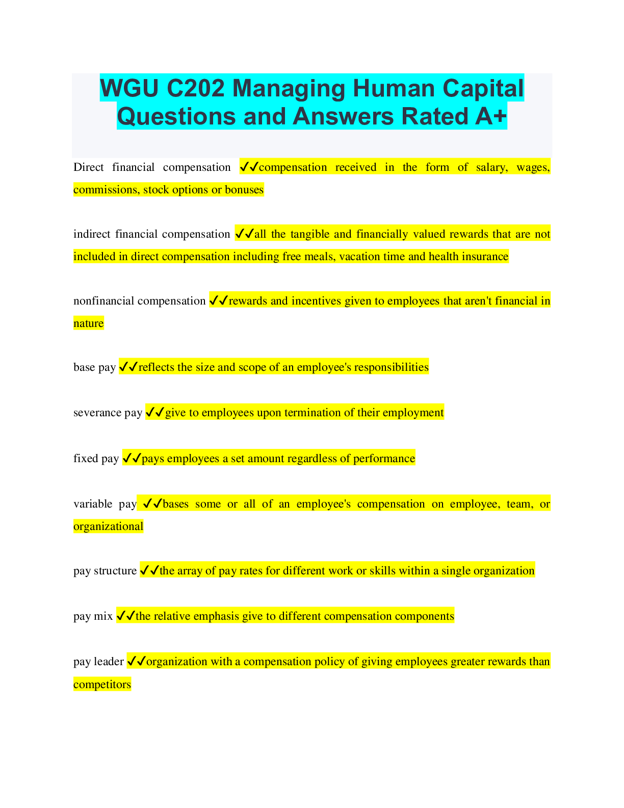 WGU C202 Managing Human Capital Questions and Answers Rated A+ Browsegrades